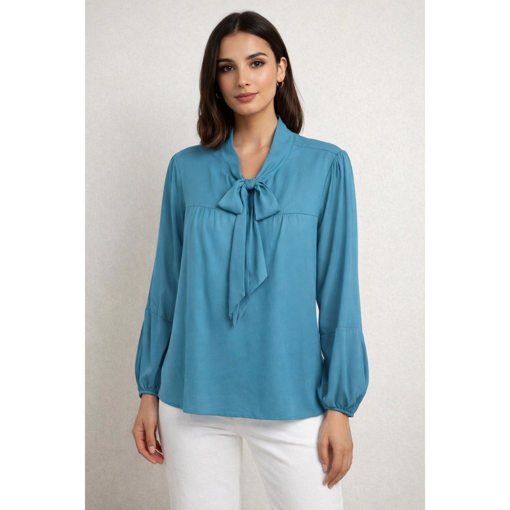 DKNY Women Teal Blue Tie Neck Bow Blouse Long Sleeve Top UG2TY102‎ NEW